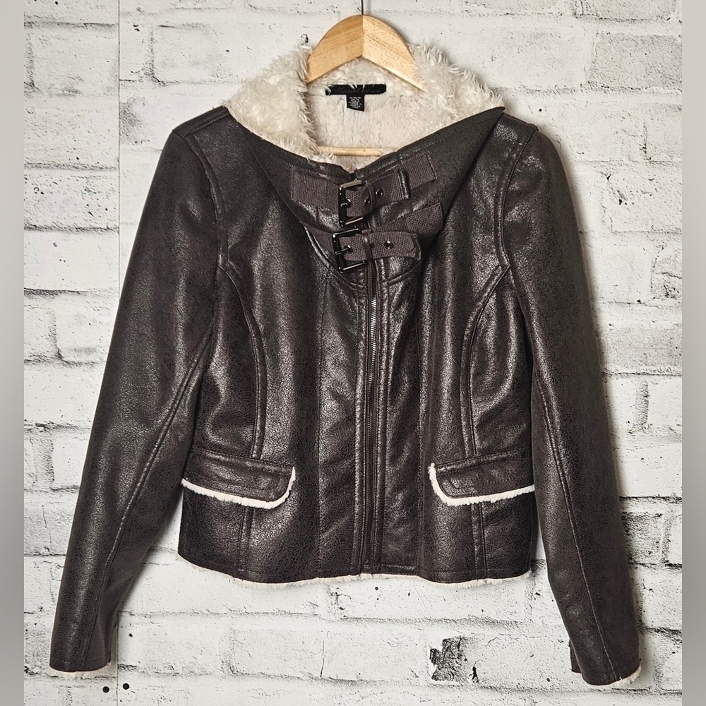 Kenneth Cole Faux Shearling Aviator Moto Jacket Brown Buckle Collar M